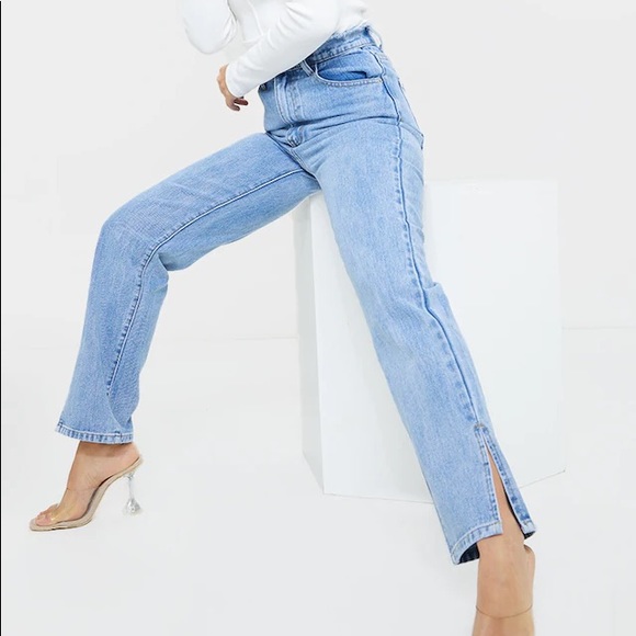 Pretty Little Thing Petite Light Blue Ripped Waistband Split Hem Jeans - NEW - Picture 2 of 4
